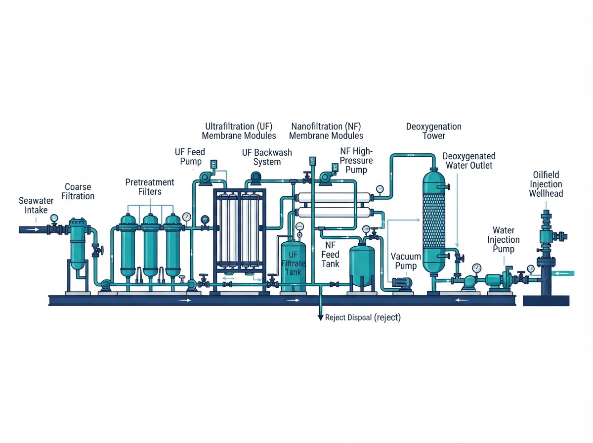 Seawater conditioning for oilfield injection